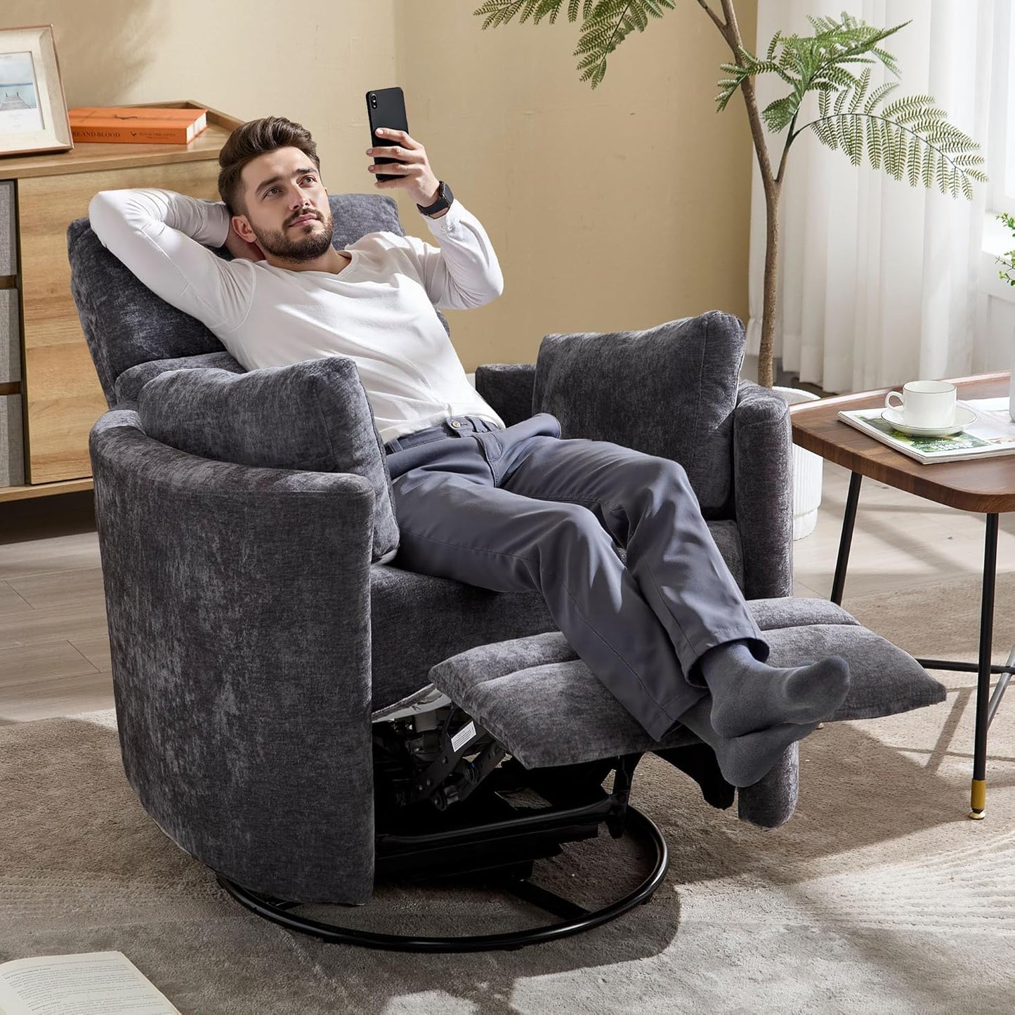 Recliner 360°Swivel Glider Rocking Chair,Upholstered Nursery Multifunction Rocking Chair with High Back, Adult Recliner Chair with 2 Pillows for Living Room Bedroom(DRAKGREY, Manual Operation)
