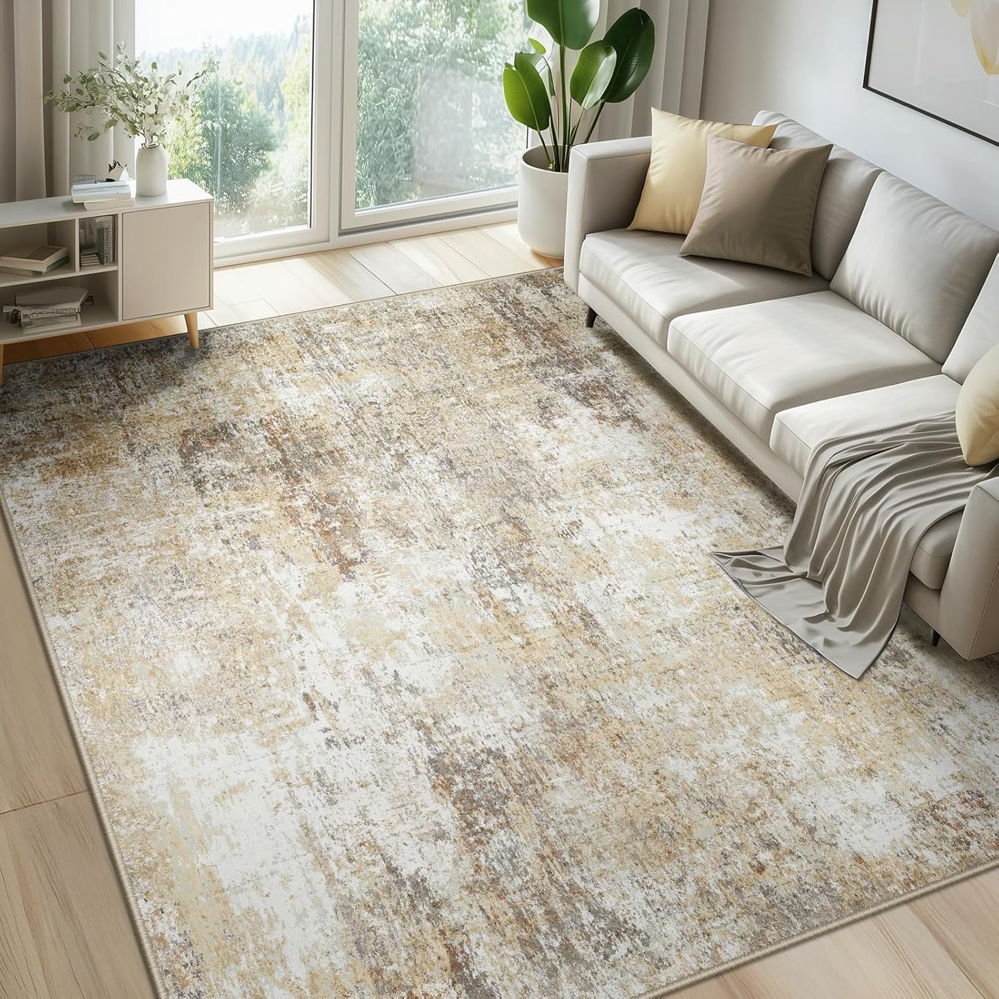 Washable Area Rugs 6'x9' Non-Slip Modern Abstract Soft for Living Room Entryway Bedroom Nursery, Print Pattern, Neutral Brown Gray