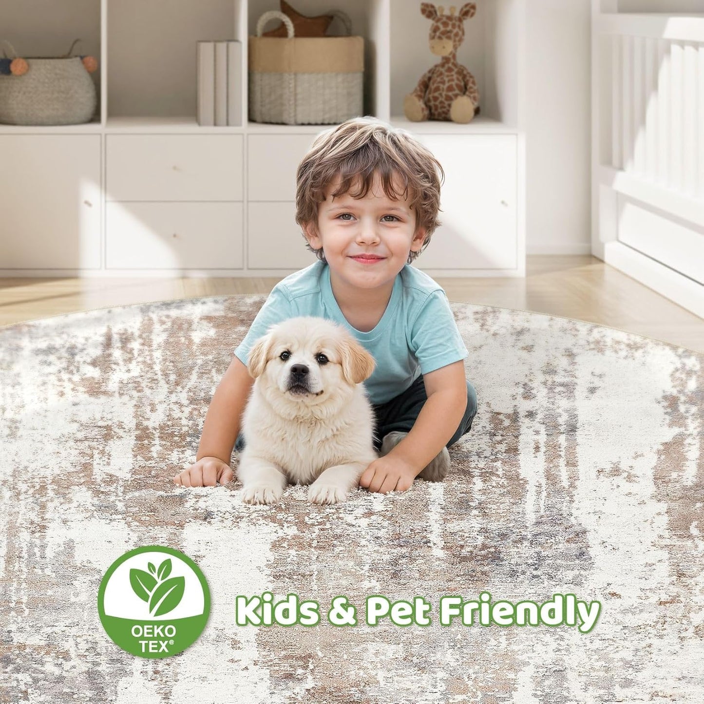 Round Rug Living Room Rugs: 8Ft Washable Circle Large Abstract Modern Soft Stain Resistant Non Slip Indoor Floor Carpet for Bedroom Nursery Office Dining Room Dorm Home House Decor- Brown