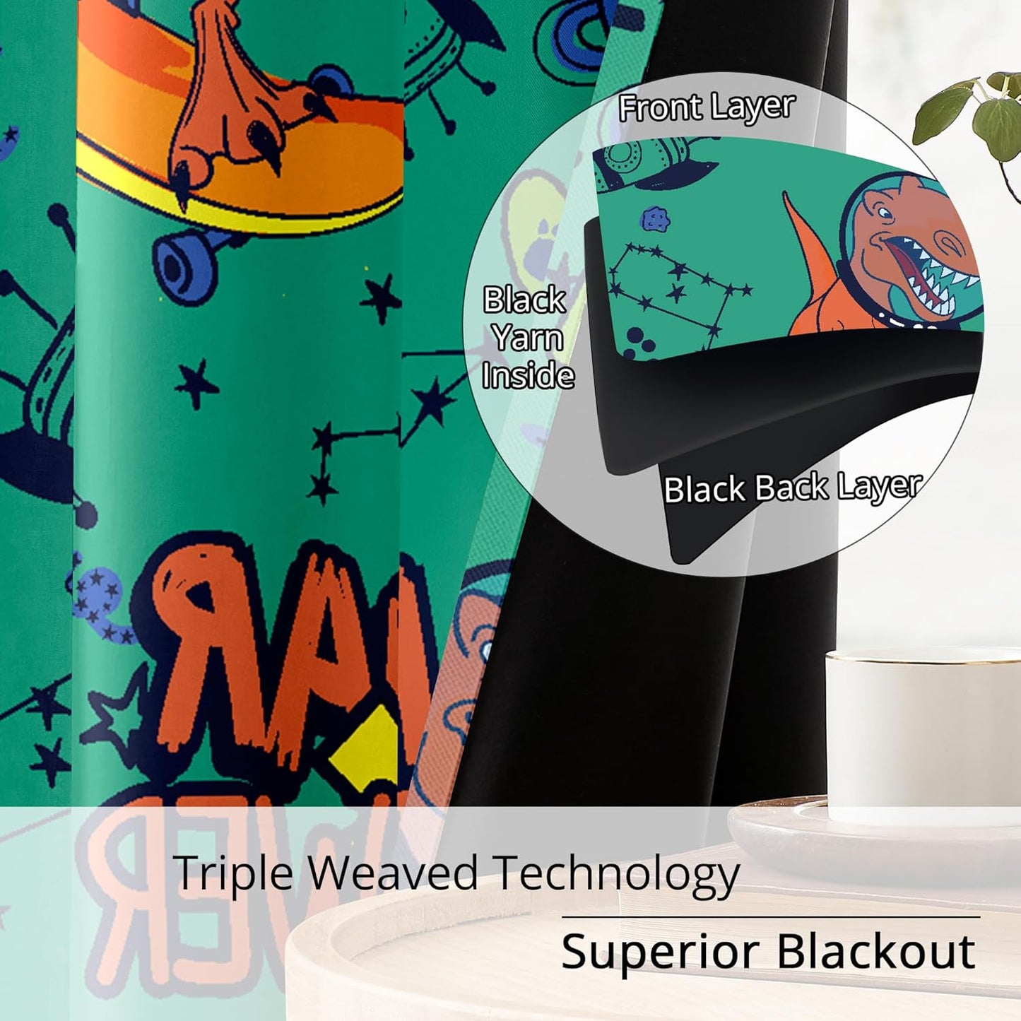 Kids Space Dinosaur Blackout Curtains - 100% Blackout, Thermal Insulated, Noise Reducing, Perfect for Kids Room and Nursery, 2 Panels (Roar Power Dino, W52×L84)