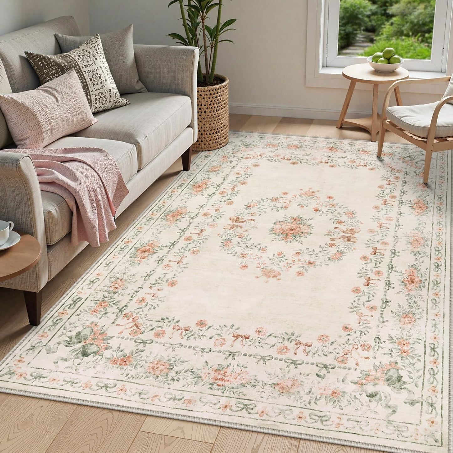 Wonnitar Floral Bow Washable Area Rug 5x7, Ultra-Thin Beige Rugs for Bedroom, Boho Non Shedding Neutral Soft Carpet for Nursey Kids Room Dorm Living Room, Beige