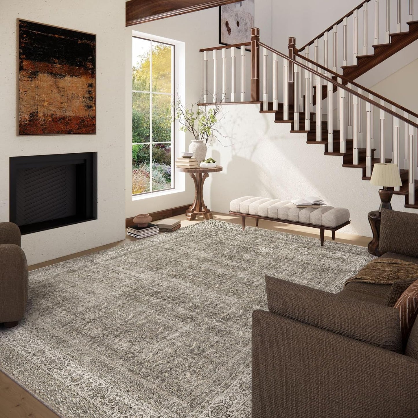 Washable Area Rugs for Living Room: 5x7 Bedroom Rug Boho Vintage Area Rug Stain Resistant Non Slip Low Pile Lightweight Soft Carpets for Dining Room Kitchen Nursery Kids Room Farmhouse