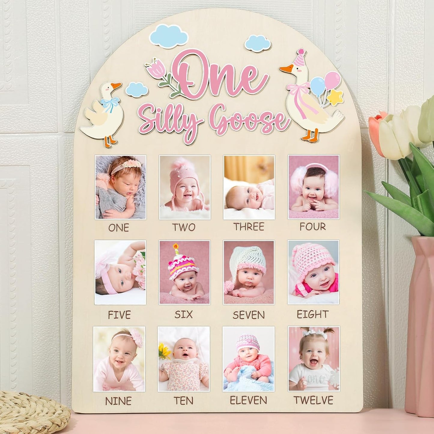 One Silly Goose Photo Board Goose Themed Birthday Party Wooden Board Decorations 12 Monthly Milestone Picture Frame One Year Old Wood Sign 1st Birthday Photo Banner for Baby Girls Keepsake Gift Supply