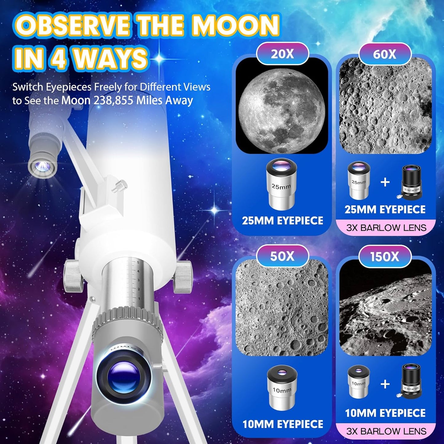 Hawkko Telescope for Adults & Kids – 80mm Aperture 500mm Telescopes for Adults Astronomy, (20X-150X) Portable Refractor Telescope Kit for Beginners with Decorate Stickers, AZ Tripod, Phone Adapter
