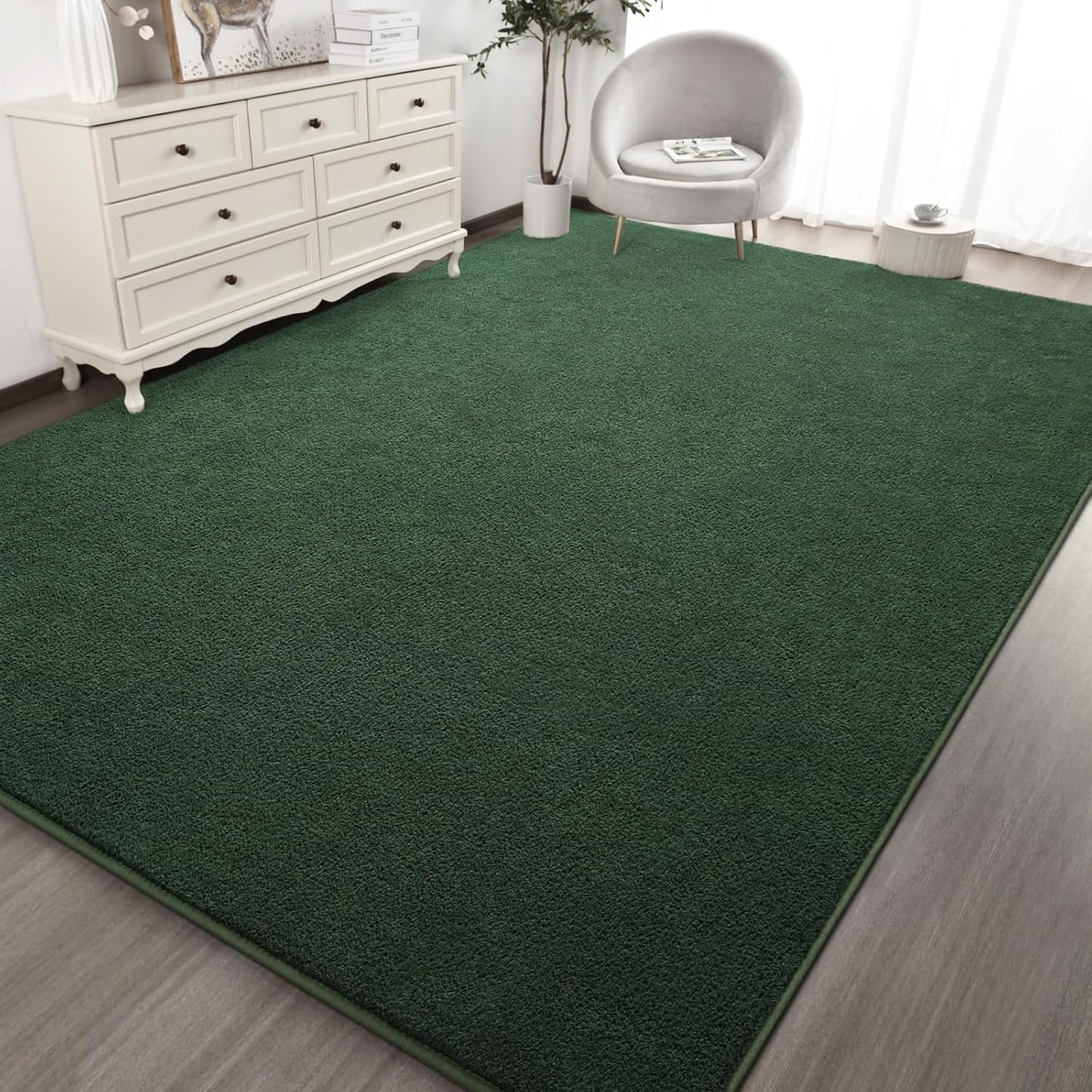 Kimicole 6x9 Washable Area Rugs for Living Room Bedroom, Large Low Pile Ulta-Thin Solid Color Rug, Non-Slip Soft Fluffy Carpet for Nursery Kids Room Dorm Room Home Decor (Dark Green)