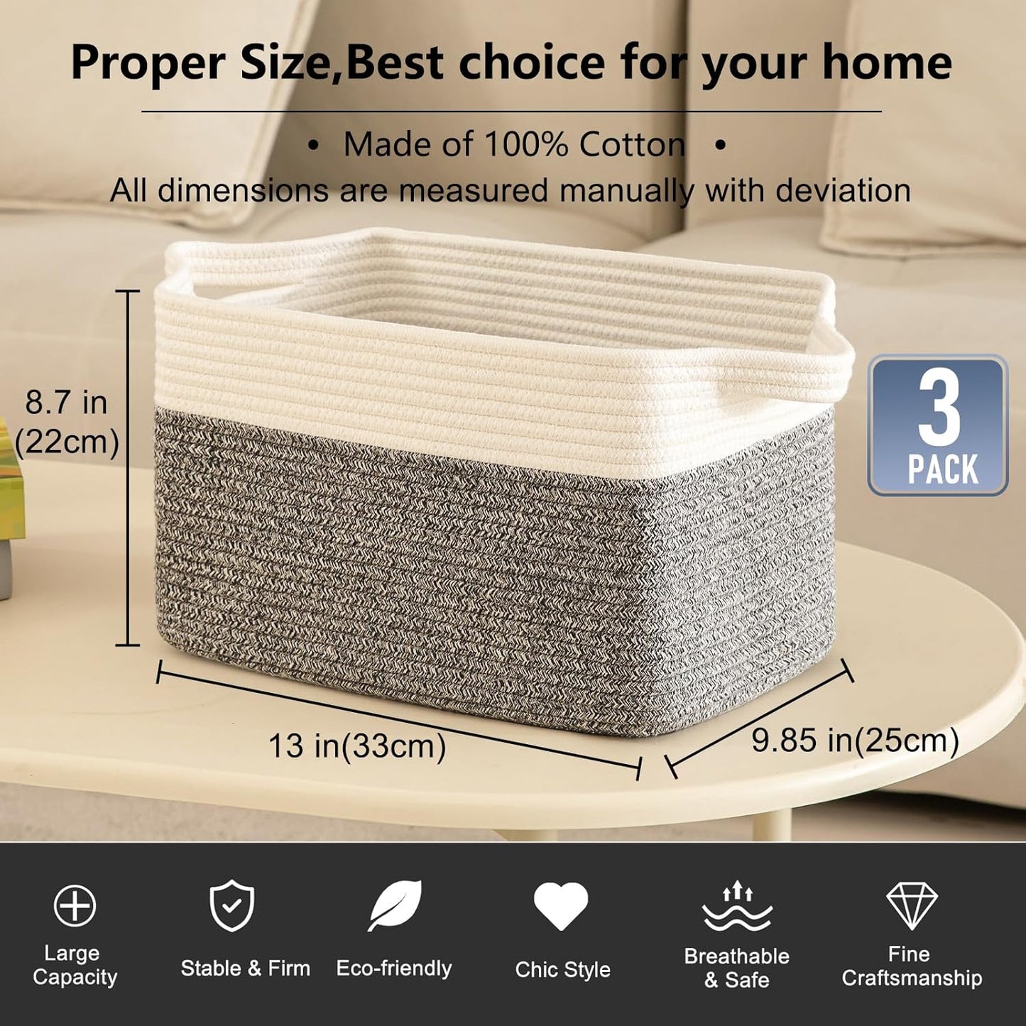 OIAHOMY 3 Pack Storage Basket for Organizing, 13''X9.85''X8.7'' Woven Storage Bins with Handles, toy organizers,Stylish Room Decor, Black variegated