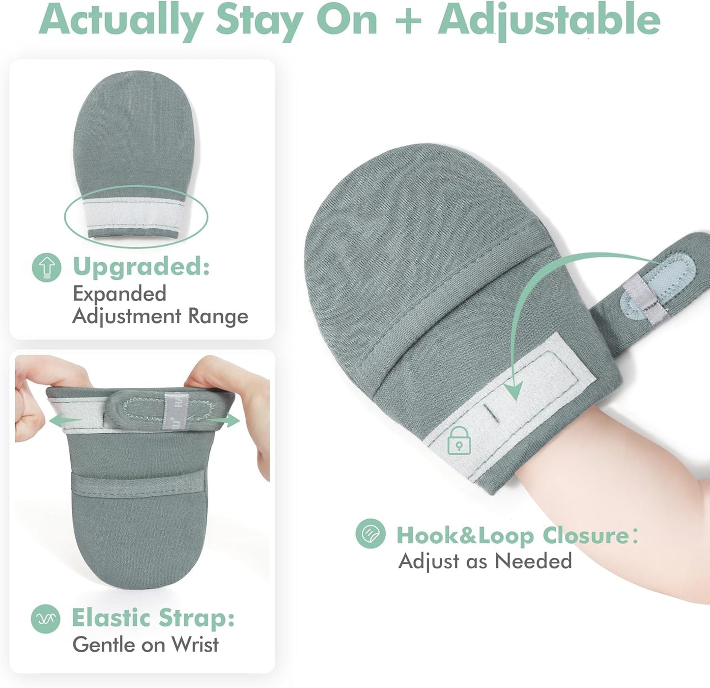 HAPIU Baby No Scratch Mittens Stay On, 100% Cotton Breathable, Adjustable Infant Gloves for Boys Girls, Newborn - 12 M