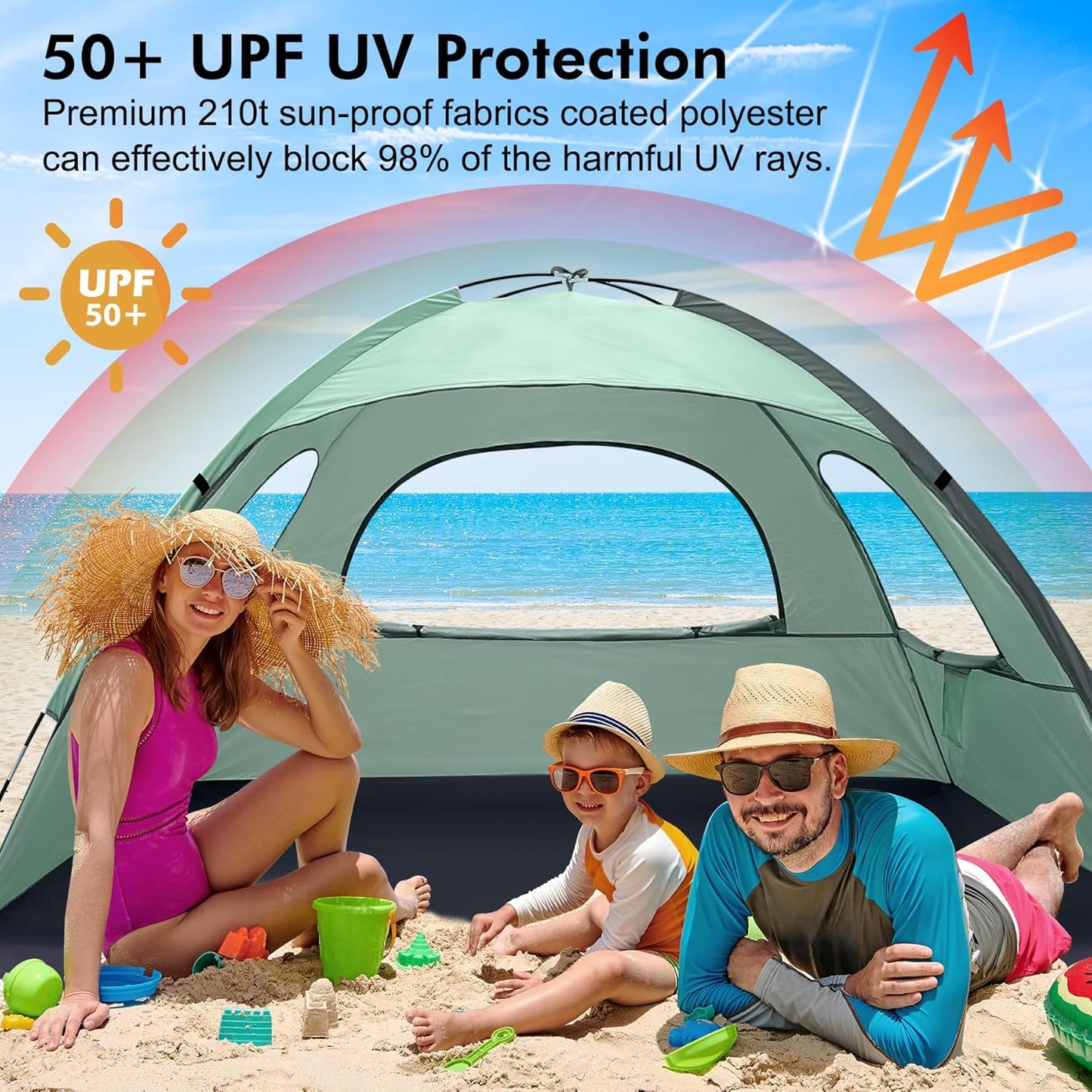 WhiteFang Beach Tent Anti-UV Portable Sun Shade Shelter for 3/4/6/8 Person, Extendable Floor with 3 Ventilating Mesh Windows Plus Carrying Bag, Stakes and Guy Lines