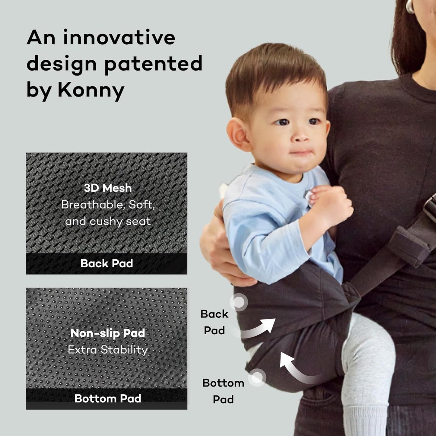 Konny Baby Carrier Hip Seat, Dual Support IHDI Certified with Two Safety Pads, Adjustable Wraps Sling Wearable One Size Fits All, Baby Essentials for 6 to 48 Months up to 44 lbs- Black