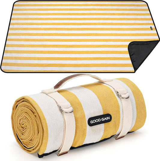 Outdoor Picnic Blankets Waterproof Large, Sandproof Backing Portable for Family, Friends, Kids, Picnic Mat Machine Washable for Camping Party, Grass, Beach Park, Playground(Butter Yellow)