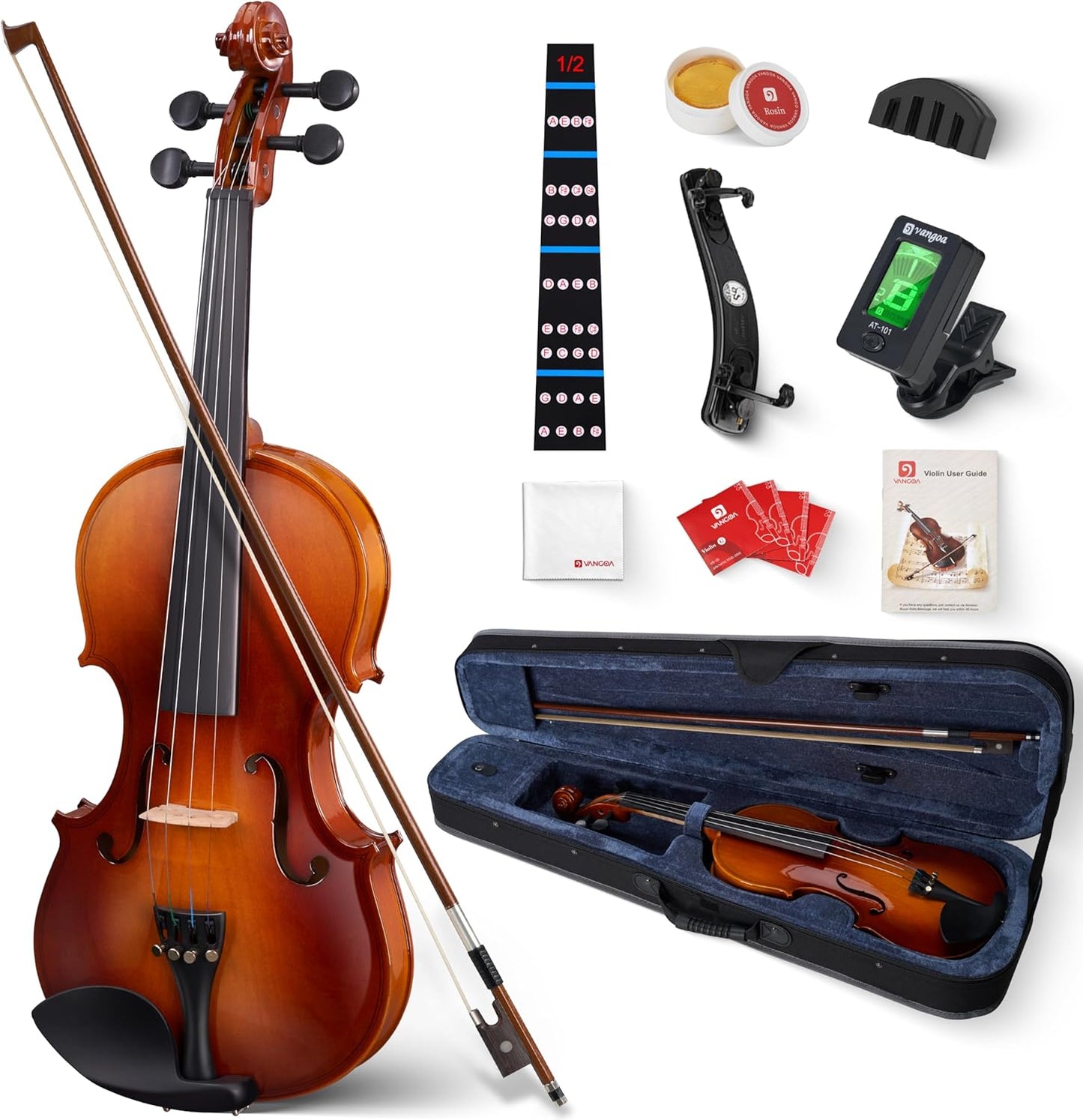 Vangoa Violin 1/2 Size for Kids Beginners Full Set, Spruce Childrens Fiddle Half Size Bundle Medium Acoustic Violins Starter Kit Package w/Side Solidwood, Hard Case for School Students Ages 6-9