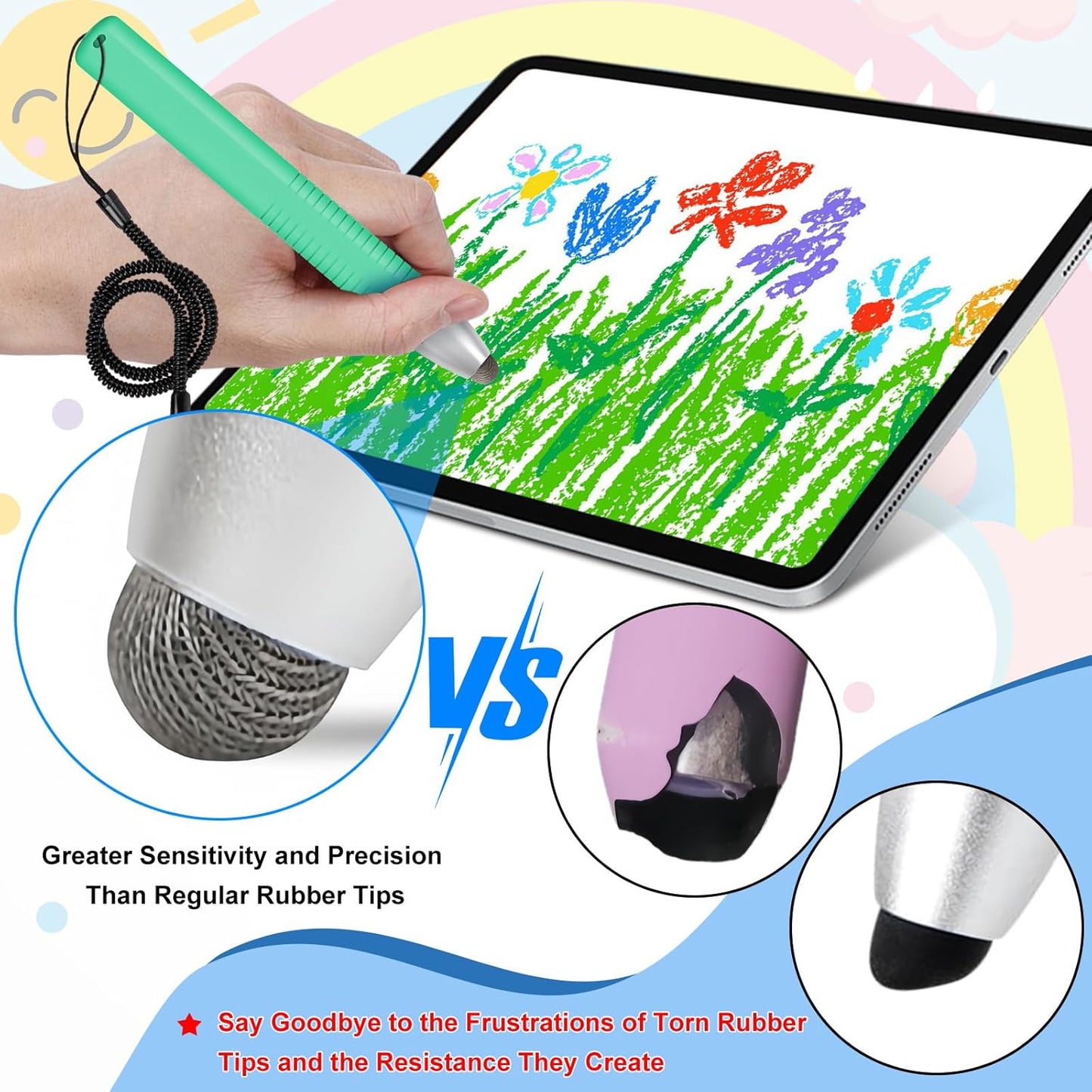 2pcs Kid-Friendly Stylus Pens for Touch Screens, Tablet Stylus Pen with Spring Cord Universal Touch Screen Capacitive Crayon Stylus Green Orange