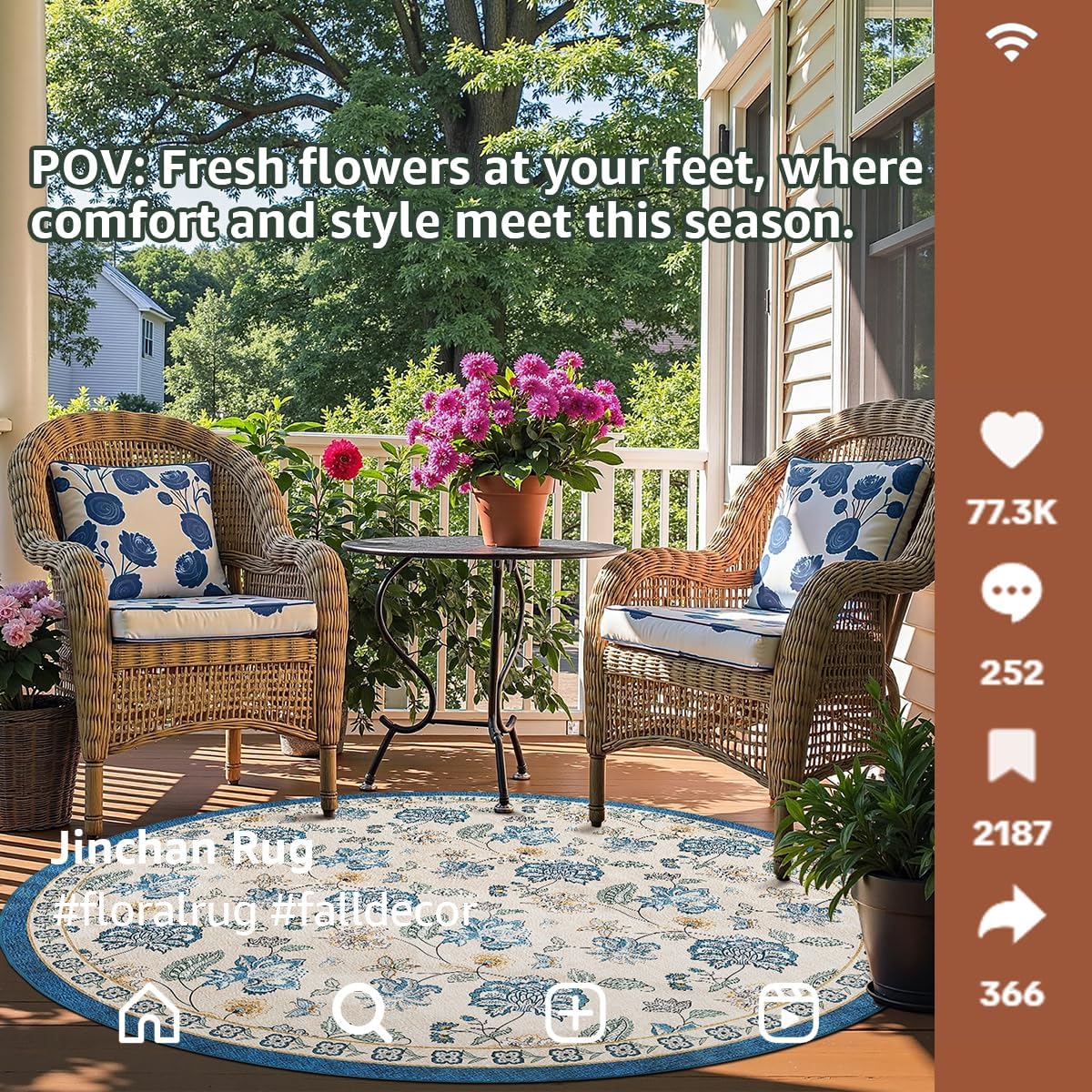 jinchan 6ft Floral Round Rug for Dining Room Washable Living Room Rug Vintage Romance Design Non Slip Indoor Floor Cover Lightweight Low-Profile Throw Carpet for Bedroom Porch Patio, Blue/Beige