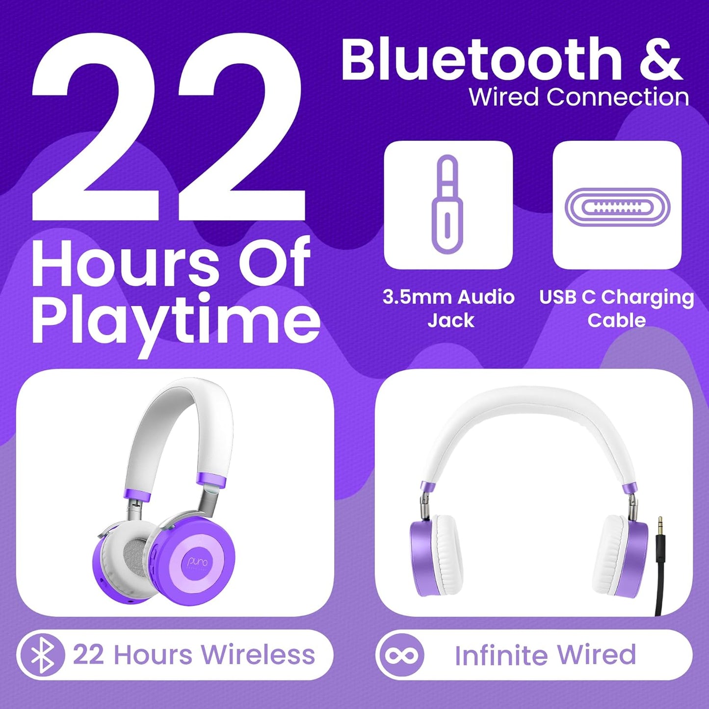 Puro Sound Labs JuniorJam Plus Volume-Limiting Wireless Bluetooth Headphones for Kids, Secure Audio with Adjustable On-Ear Design, 22-Hour Battery, Ideal for Tablets, Smartphones & PCs - Purple