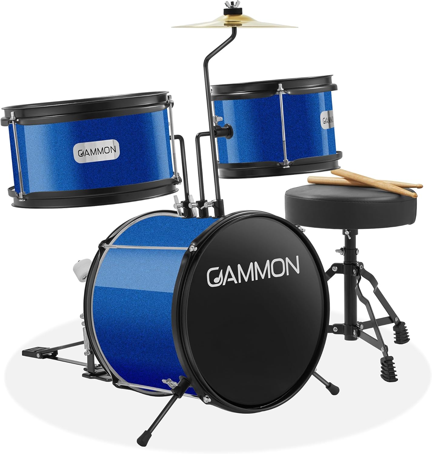 Gammon 3-Piece Junior Drum Set with Throne - Blue, Complete Beginner Kit with Bass Drum, Toms, Cymbal, Pedal, and Drumsticks