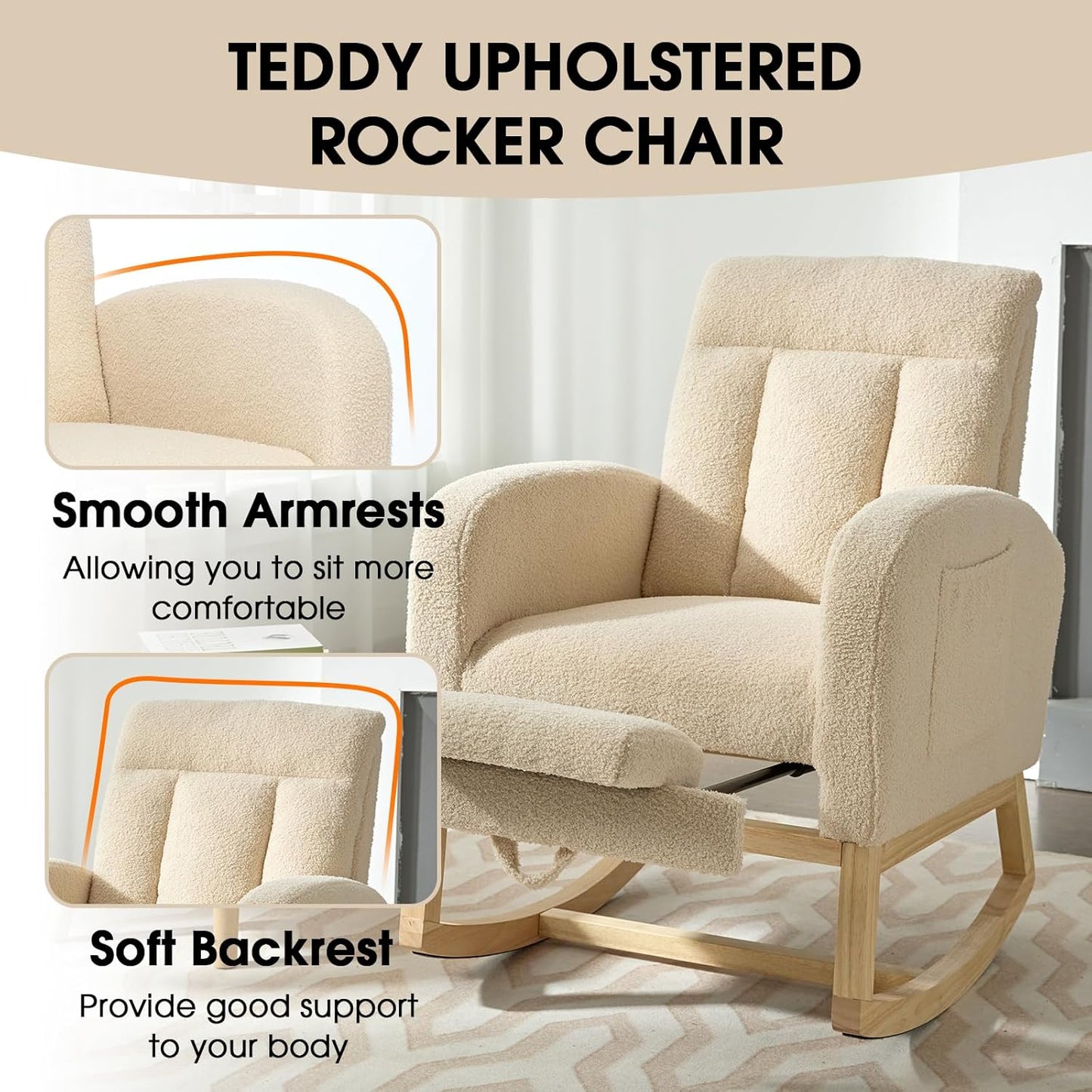NIOIIKIT Modern Nursery Rocking Chair, Teddy Upholstered Rocking Chair with Footrest, Comfortable Glider Rocker with Side Pocket for Living Room, Bedroom, Nursing Room (Beige)