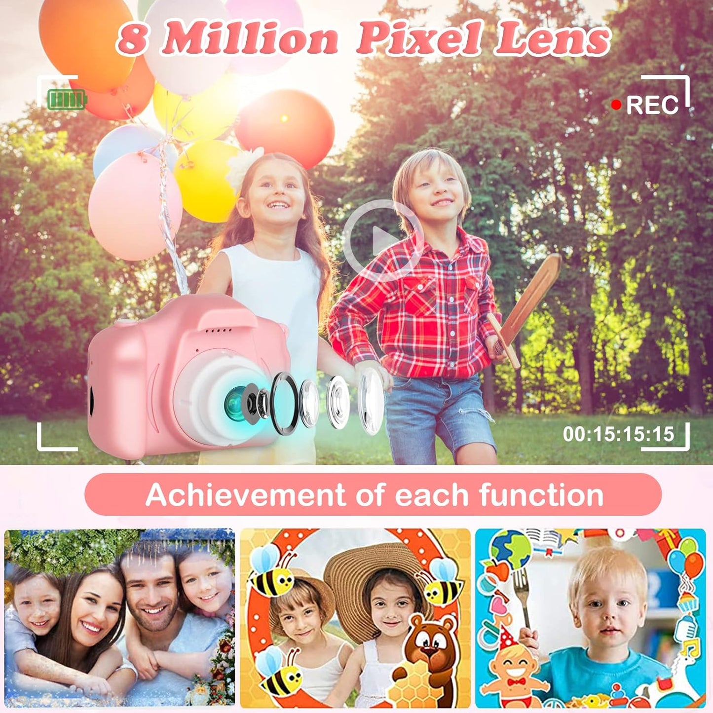 Kids Camera, HD Digital Video Camera,Childrens Toys for 3 4 5 6 7 8 9 Year Old Boys/Girls, Selfie Camera for Kids, Christmas Birthday Gifts with 32GB SD Card(Pink)