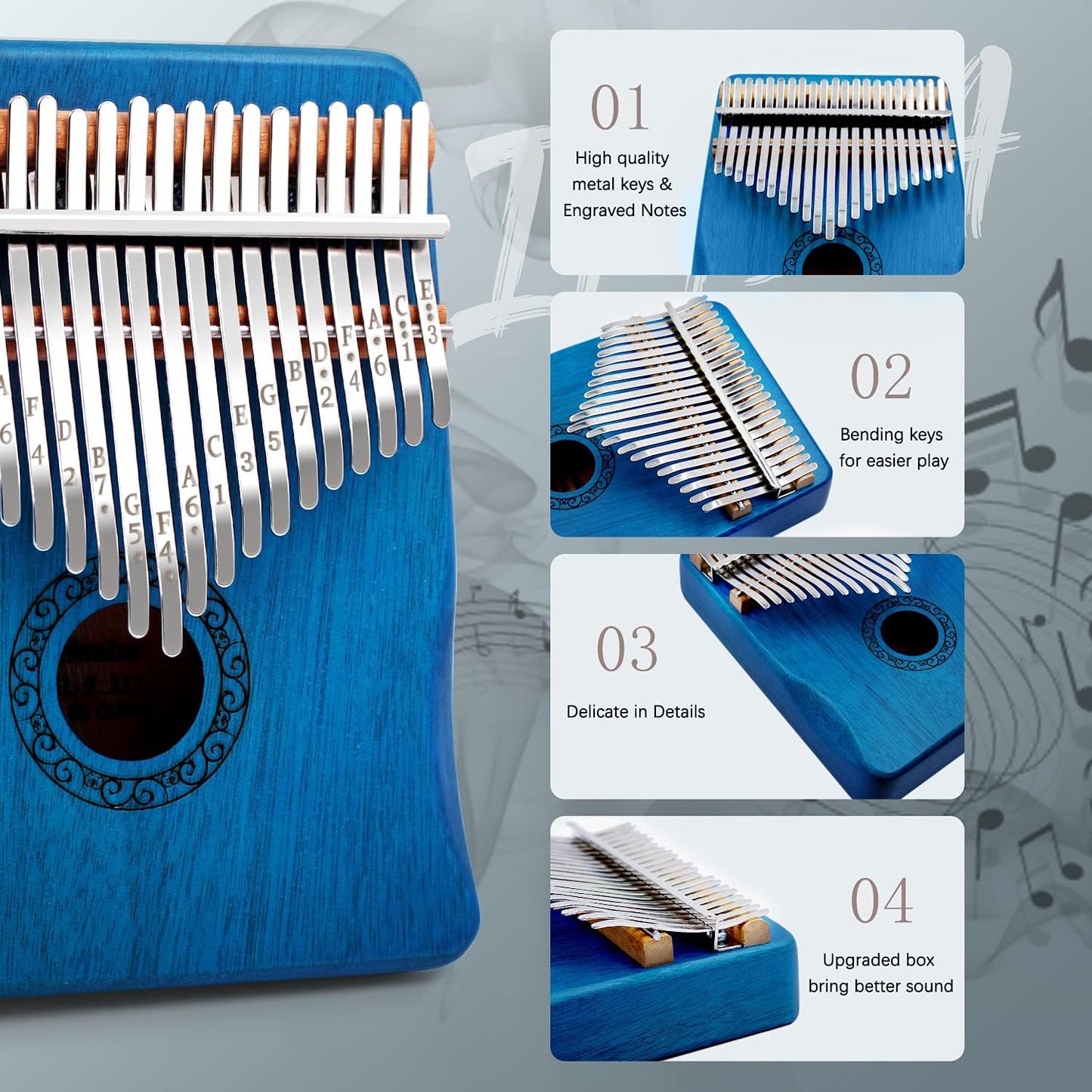 Kalimba Thumb Piano,YUNDIE Portable 21 Keys Mbira Finger Piano with Tune Hammer and Study Instruction,Musical Instruments Gift for Kid Adult Beginners Professional(Blue)