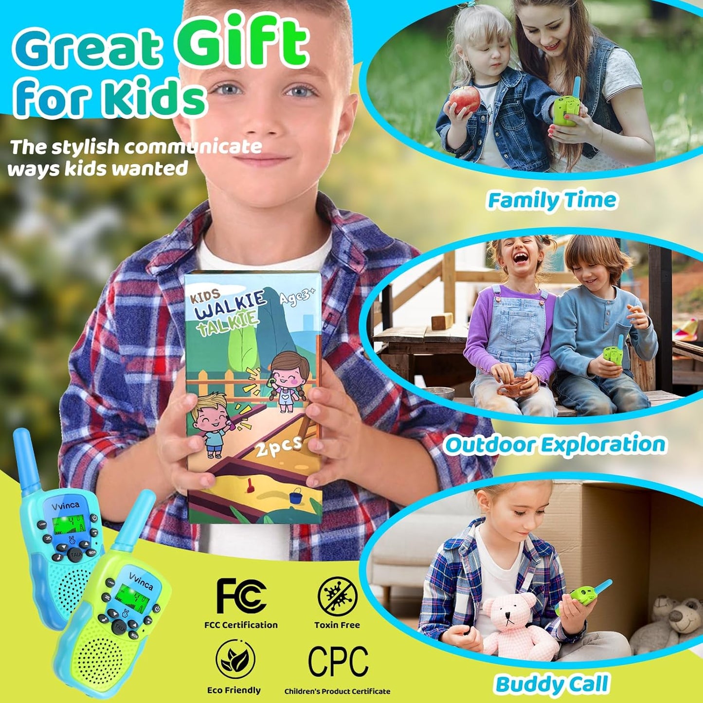 Vvinca Rechargeable Walkie Talkies for Kids 4 Pack, 5-7 Year Old Boy Toys Long Range 22 Channels 2 Way Kids Walkie Talkie with Flashlight for Camping Hiking Indoor Outdoor 3 4 5 6-12 Girl Boy Gift