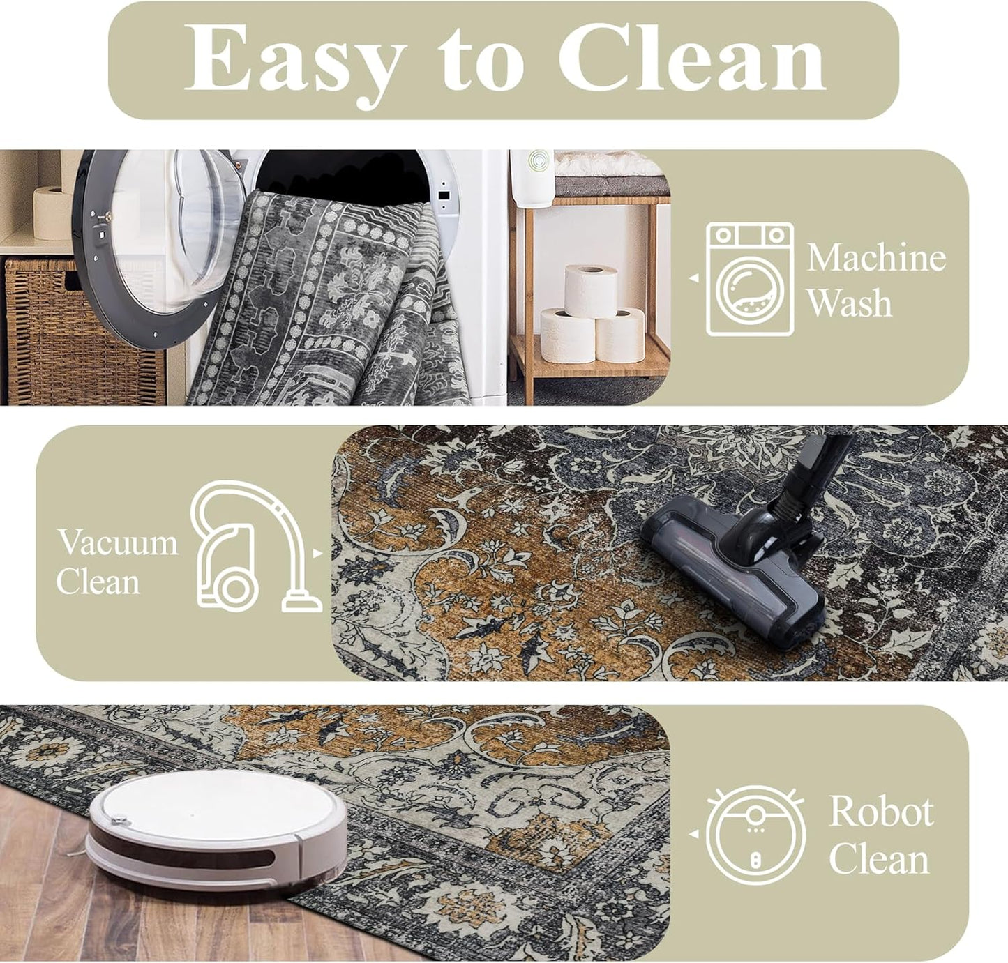 9x12 Area Rug Living Room Rugs, Stain Resistant Washable Rug, Vintage Large Non-Slip Backing, Low Pile Lightweight Print Rug for Bedroom Dinning Room Home Office (Tan/Gray)