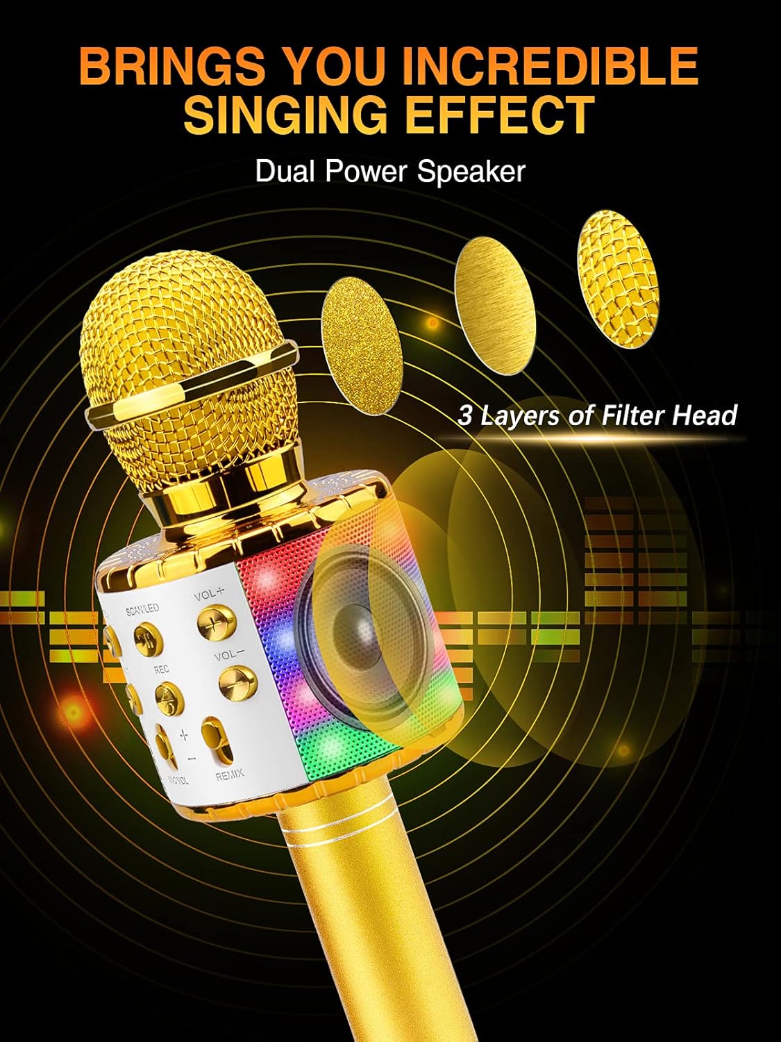 BlueFire 4 in 1 Karaoke Wireless Microphone with LED Lights, Portable Microphone for Kids, Great Gifts Toys for Kids, Girls, Boys and Adults (Gold)