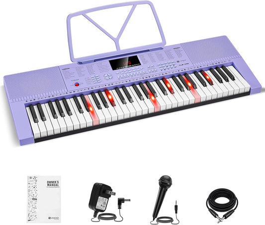 Vangoa VGK611 Piano Keyboard for Beginner, 61 Keys Electric Keyboard Piano Portable Music Keyboard with Mini Lighted Keys, Electronic Piano for Kids Boy Girl, Purple