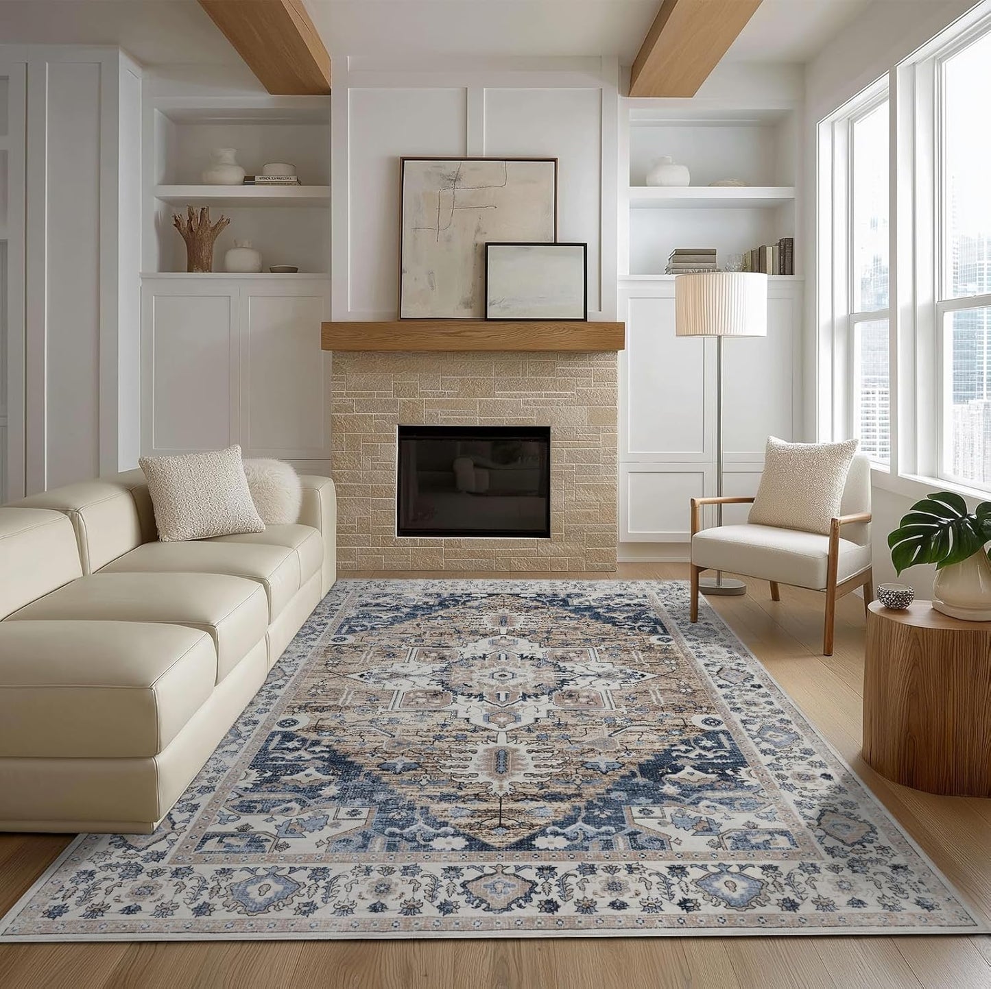 Washable 6x9 Area Rug for Living Room, Carpet for Bedroom Dining Room, Non Slip&Non-Shedding Resistant Low Pile Vintage Print Rug for Home Office (Taupe/Blue)