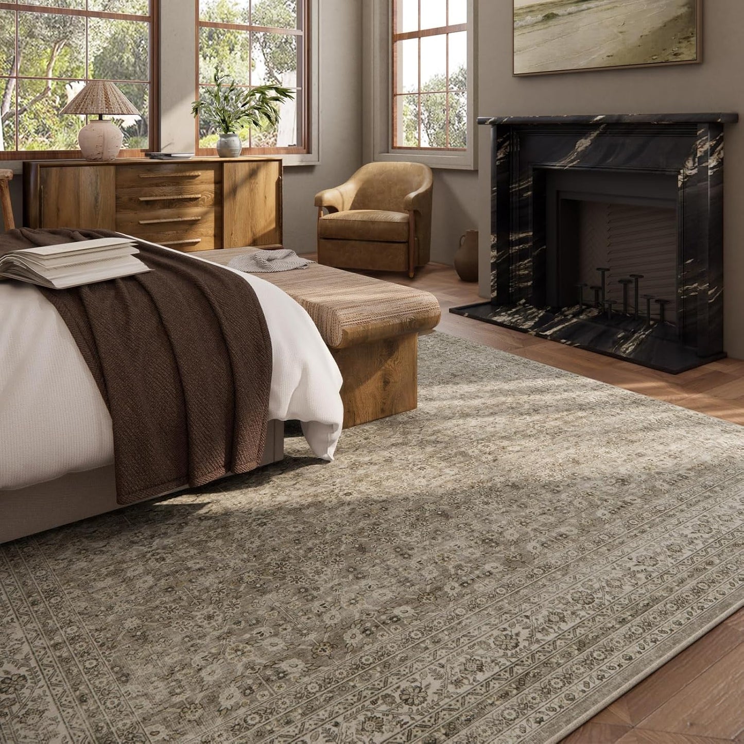 Washable Area Rugs for Living Room: 10x14 Bedroom Rug Vintage Large Rugs Stain Resistant Non Slip Low Pile Soft Lightweight Carpet for Kitchen Dining Room Farmhouse Nursery Kids Room