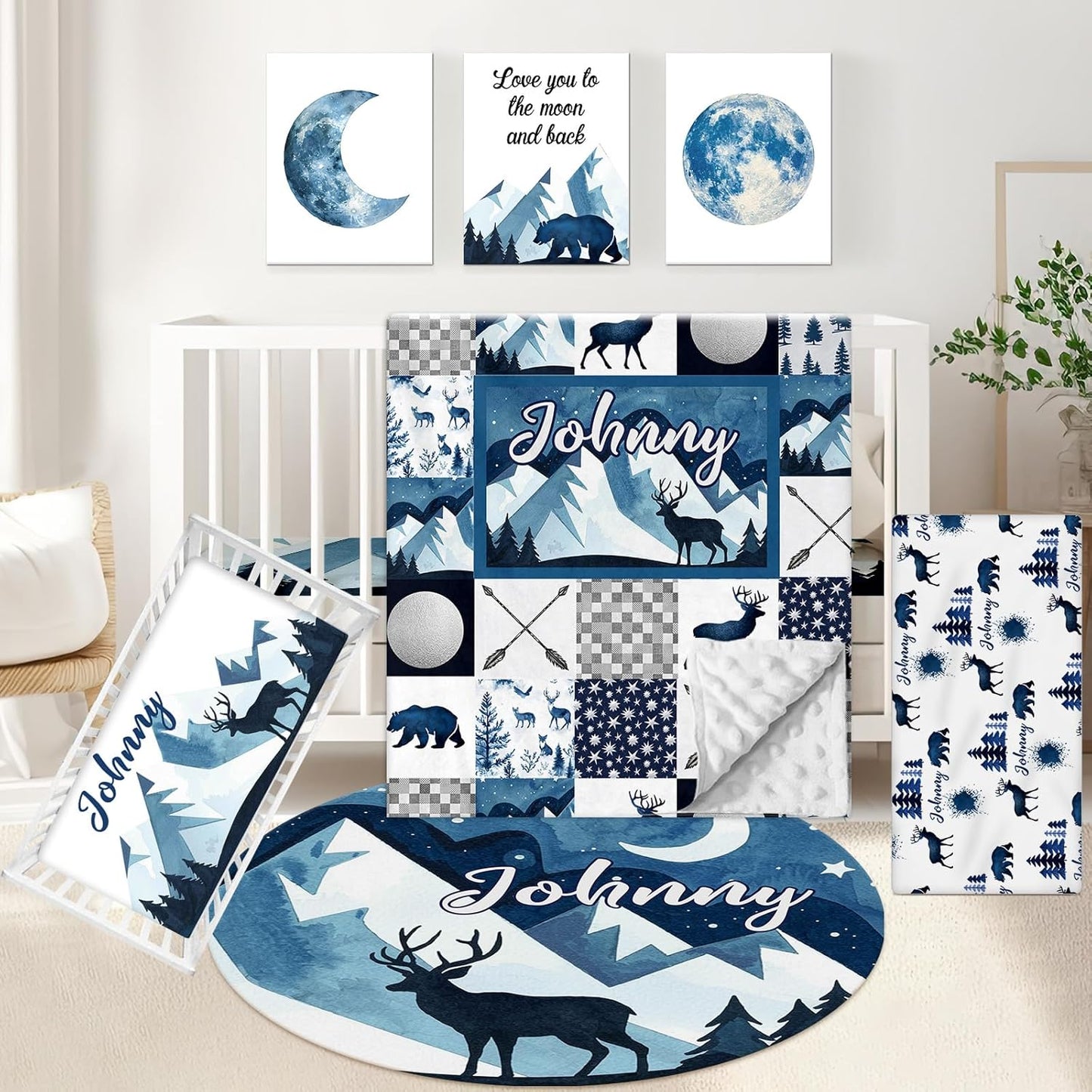 Custom 5-Piece Baby Crib Bedding Set, Personalized Name for Toddlers, Blue Deer Nursery Set for Boy Girl, Double Layer Infant Crib Set, Customized Gifts