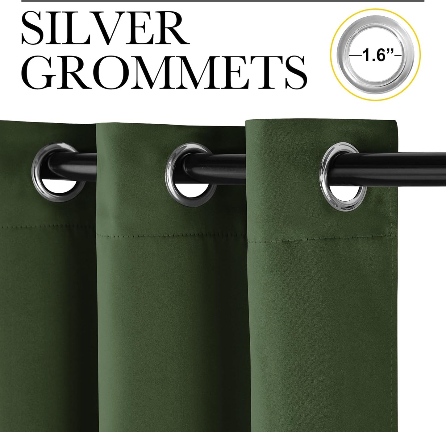 NICETOWN Dark Green Curtains for Bedroom, Grommet Blackout Window Treatments Faux Silk Room Darkening Thermal Window Treatments for Kids Room, 2 Panels, W52 x L63