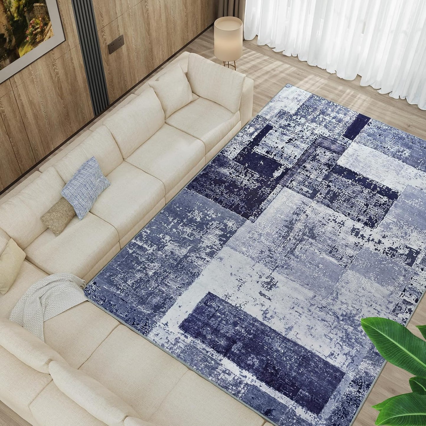 LOCHAS Rug for Living Room, Washable Soft Area Rugs for Bedroom 8x10, Abstract Carpet for Indoor Office Kids Dining Room Nursery Floor, Blue Geometric Vintage Home Decor, Non Slip, Pet Child Friendly