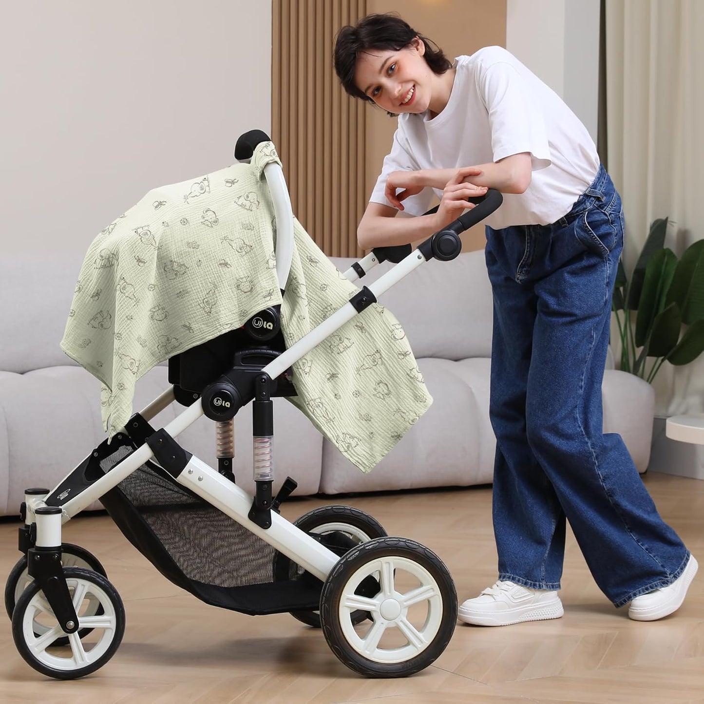 100% Muslin Cotton Car Seat Cover Baby, Carseat Canopy Cover, Universal Fit Stroller Covers for Boys and Girls (Cute Elephant)