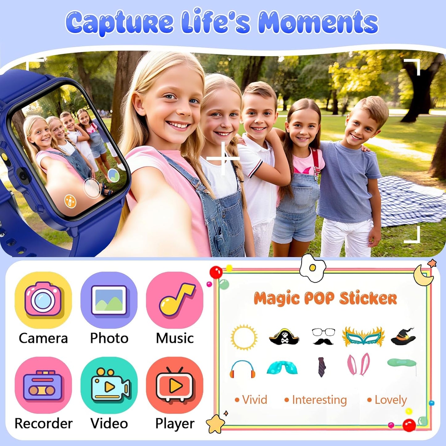 Smart Watch for Kids, 1.85" Fitness Tracker Pedometer Watch, Health, Sleep Monitor, Puzzle Games, Alarm Clock, Camera, Music Player, Torch, Activity, Gift Toys for 4 - 13 Years Old Boys and Girls