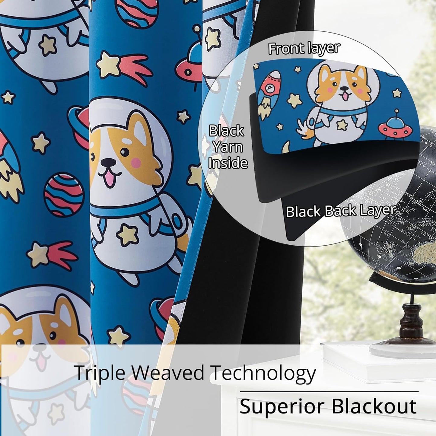 Kids Blackout Curtains - Space Dog Design, 100% Blackout, 2 Panels, Each W52×63, Thermal Insulated, Noise Reducing & Energy Efficient for Kids Bedroom, Turn your child’s room into a fun adventure