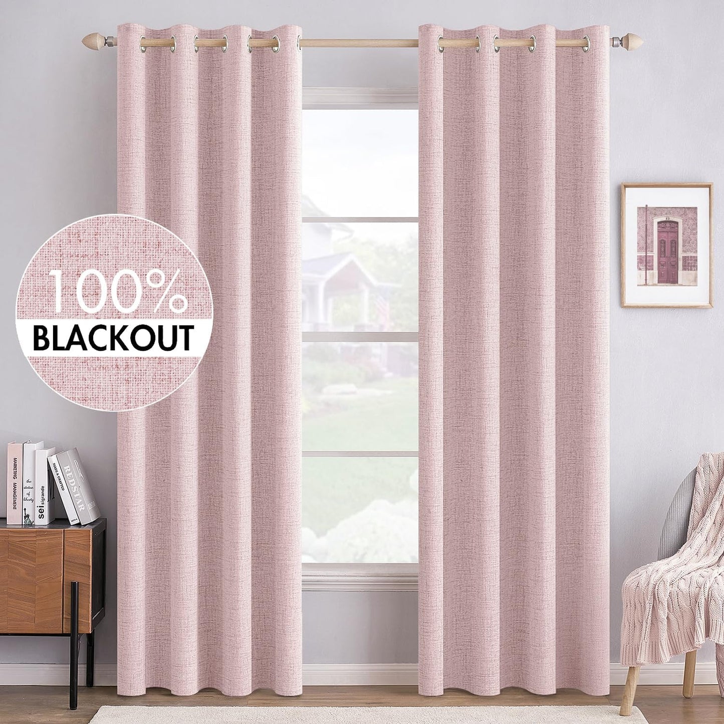 MIULEE Linen Texture Curtains for Bedroom Solid 100% Blackout Thermal Insulated Pink Curtains Grommet Room Darkening Drapes for Living Room Nursery 52x96 Inch (2 Panels)