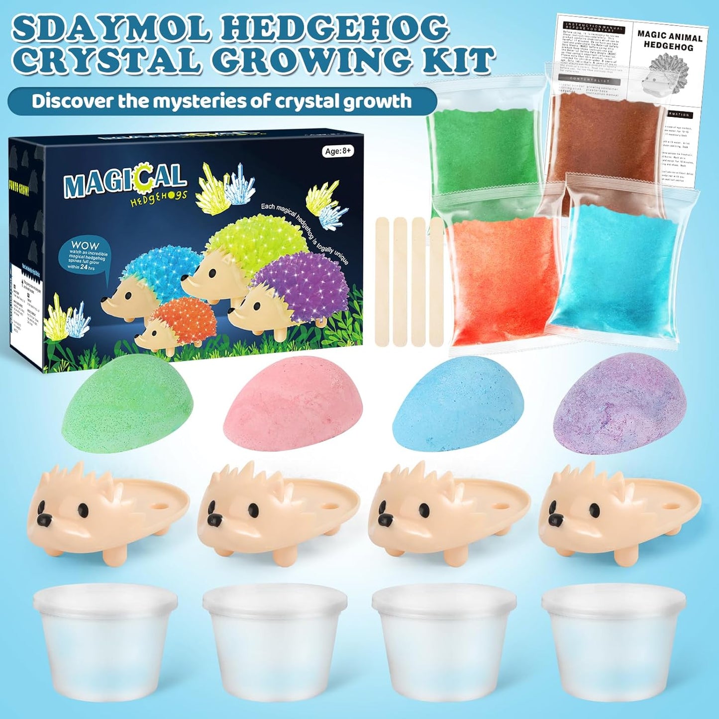 sdaymol Crystal Growing Kit for Kids - 4 Colors Hedgehog to Grow Fast in (24H),Science Experiments Learning & Educational Toys,Science Kits for Kids Age 8-12 STEM Project Gifts for Boys & Girls 6+