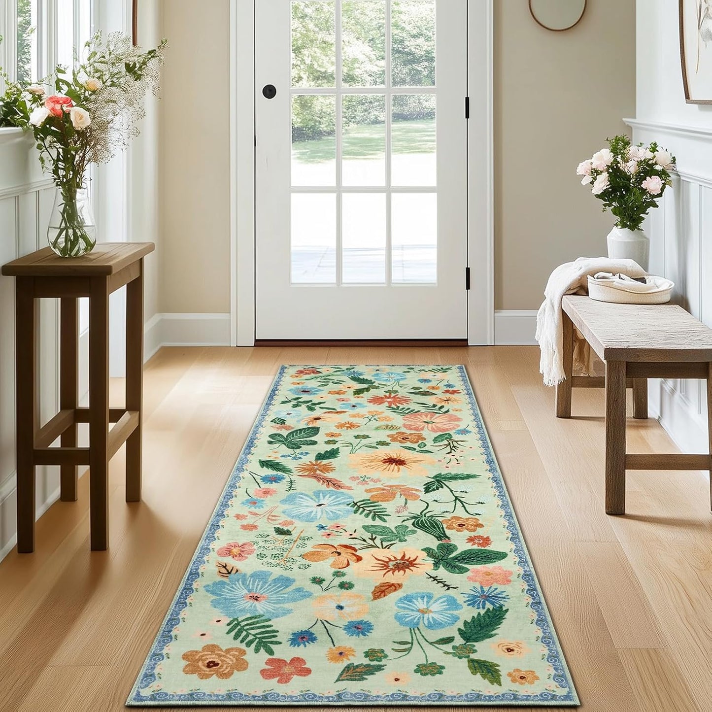 Washable Runner Rug 2x6 for Entryway Non Slip Stain Resistant Green Carpet Runners for Hallways 6ft Low Pile Faux Fur Vintage Floral Pattern Boho Spring Kitchen Rugs for Laundry Front Porch Bedroom
