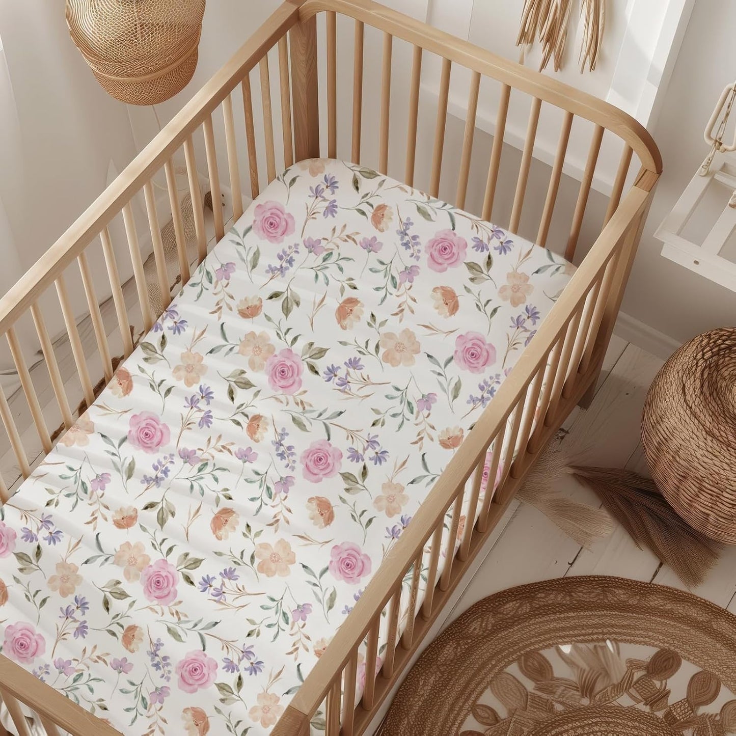 Organic All in One Crib Sheet and Mattress Protector - Waterproof Protectors - Reusable Washable – Fits Cribs – 52”x28”- with 9” Skirt Flower