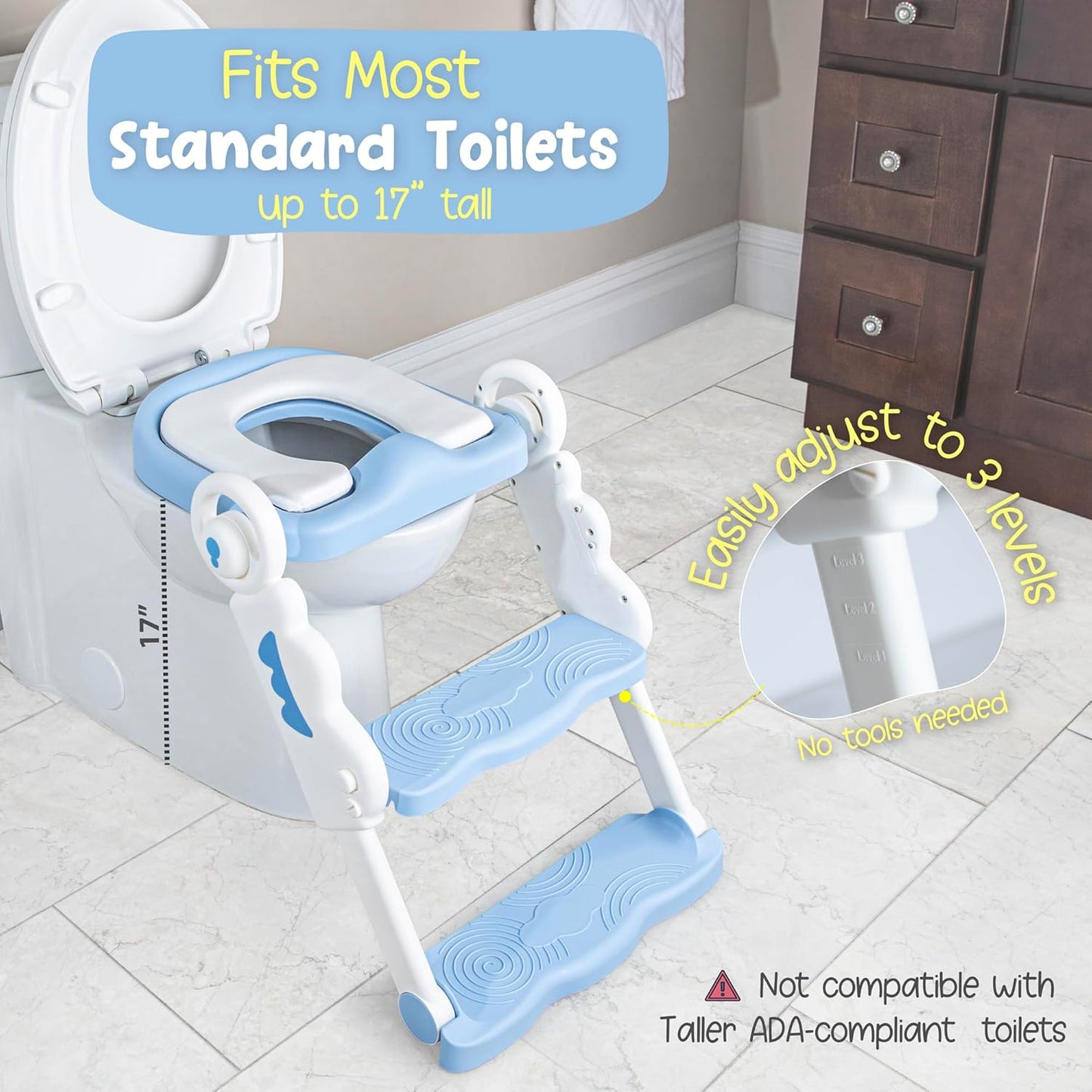 Musical & Sound Toddler Potty Training Seat w/Step Stool Ladder - Collapsible & Adjustable Toilet, Pre Assembled Toddler Toilet Seat w/Music & Sounds - Splash Guard & Anti-Slip Steps - Blue