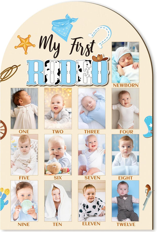 R HORSE 3D My First Rodeo Birthday Wood Photo Display Board, Blue Cowboy Baby's First Year Picture Frame, 1-12 Months Milestone Board Birthday Decorations Keepsake Gift for Baby Boys Nursery Decor