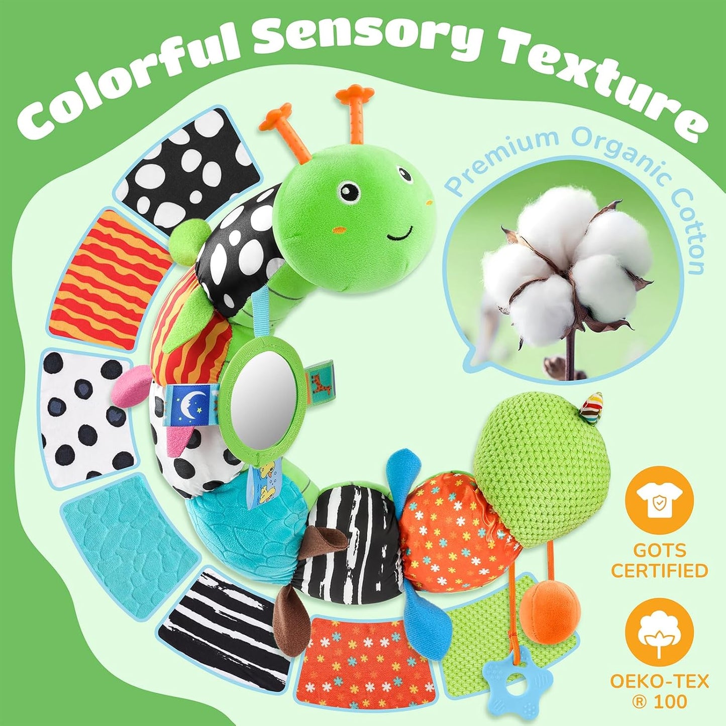 Baby Toys 6-12 Months Music Caterpillar Infant Toys Stuffed Animals 0-3-6 Months Tummy Time Teething Sensory Toys with Mirror Rattle&Pull String for Boys Girls Birthday Gifts|Grass Green,Leafy
