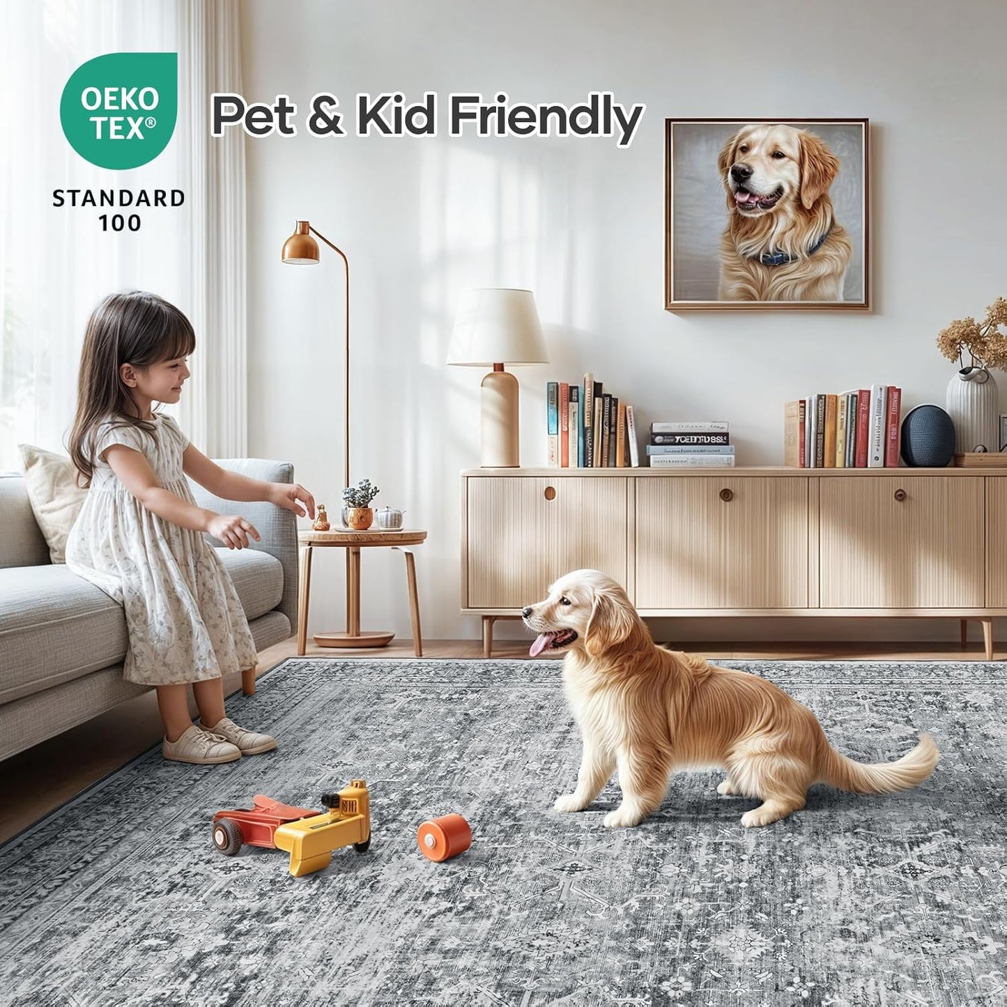 Lofus 5x7 Area Rug for Living Room,Grey Washable Area Rugs with Non-Slip Backing,Soft Neutral Carpets for Bedroom Dining Room Home Office Indoor Nursery