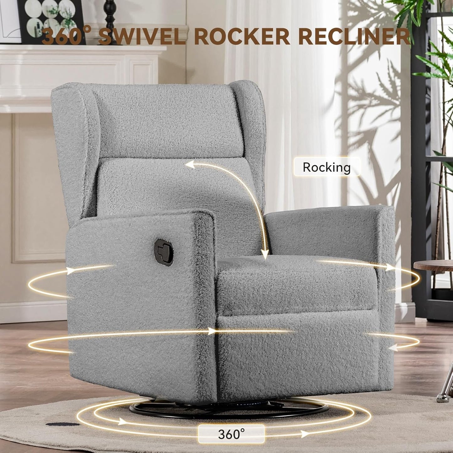 COMHOMA Nursery Rocking Chair Teddy Upholstered Swivel Rocker Recliner Manual Glider Reclining Chair for Living Room Bedroom Offices (Grey, 1 PCS)
