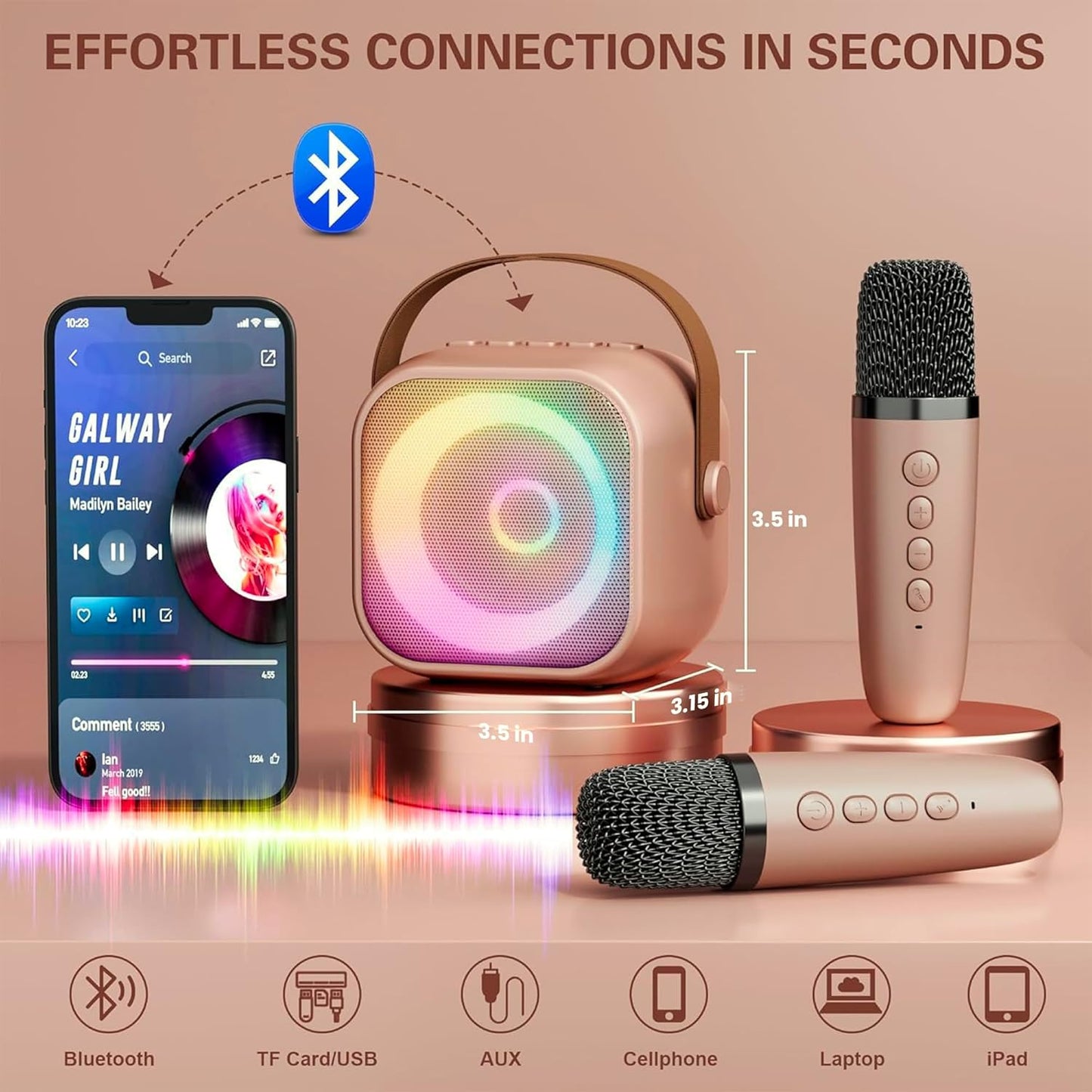 Mini Karaoke Machine, Portable Bluetooth Karaoke Speaker with 2 Wireless Microphones and Party Lights for Kids and Adults, Birthday Gifts for Girls Boys Family Home Party (Rose Gold)
