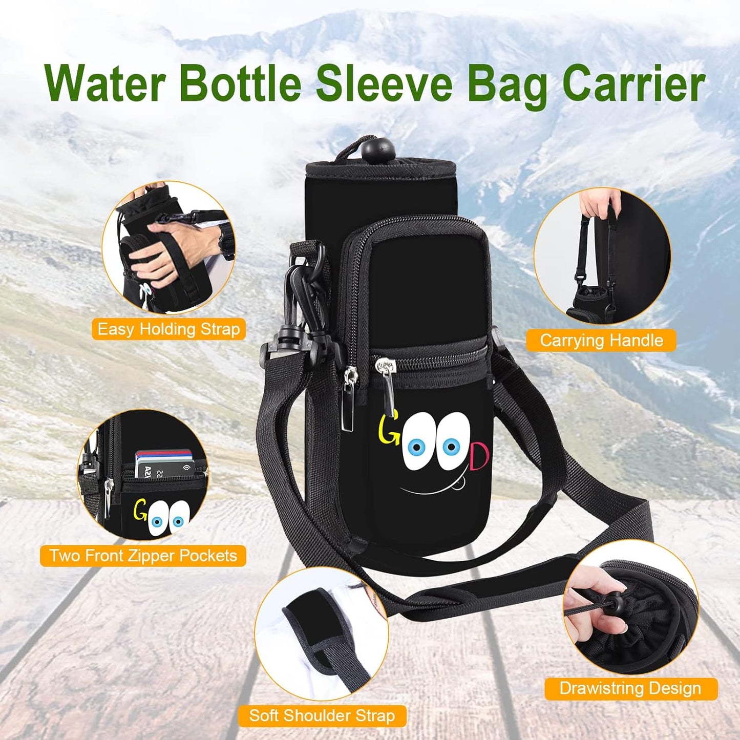 25/32/40/64oz Water Bottle Bag Holder Carrier-Insulated Crossbody Sling Case Sleeve with Strap & Pockets for Men Women Gym Cycling Travel Walking Hiking Camping