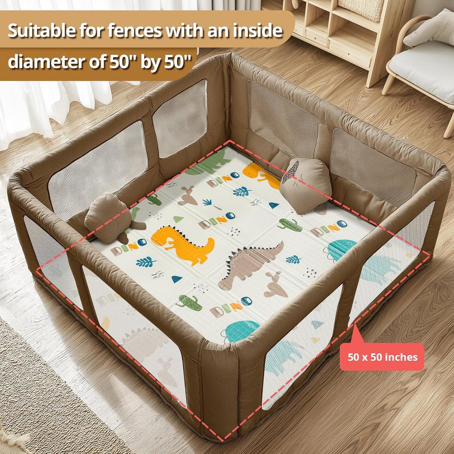 Foldable Baby Play Mat, PIGLOG Waterproof Playmats for Babies and Toddlers Kids, Safe Foam Playmat for Tummy Time, 50x50 Playpen Mat, Reversible Portable Baby Floor Mat for Infant, Toddler, Dinosaur