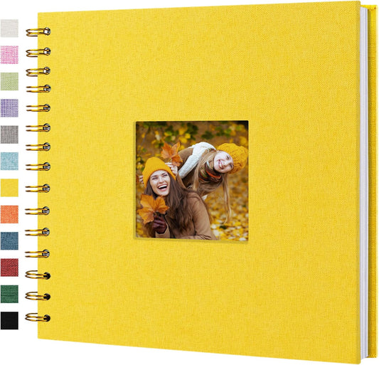 Scrapbook Photo Album Linen Cover, 8 x 8 Inch Hardcover Kraft White Pages Memory Book, for Travel Wedding Guest Book Christmas Baby Shower (20 Sheets/ 40 Pages,Yellow)