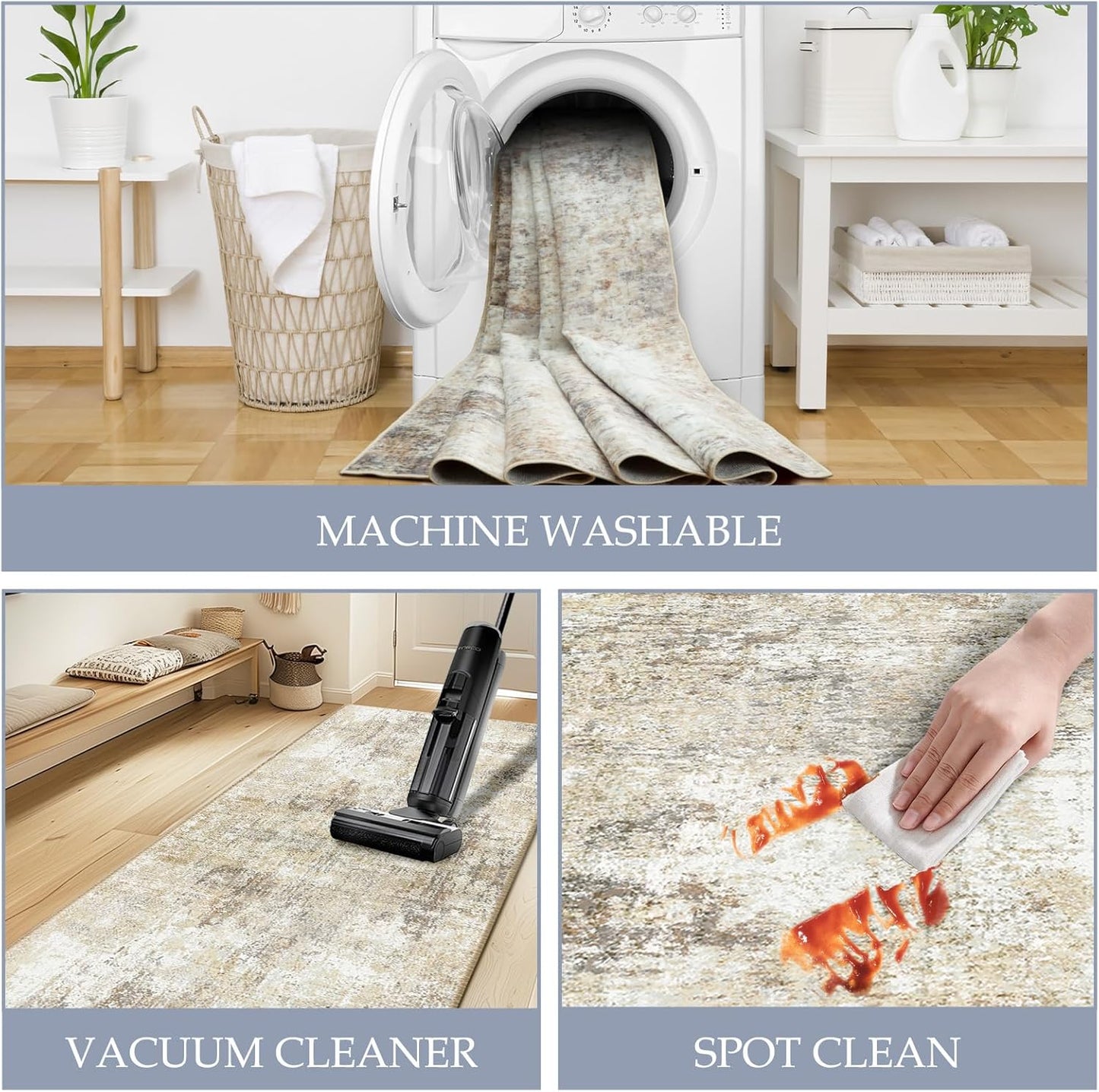 Washable Area Rugs 8'x10' Non-Slip Modern Abstract Soft for Living Room Entryway Bedroom Nursery, Print Pattern, Neutral Brown Gray