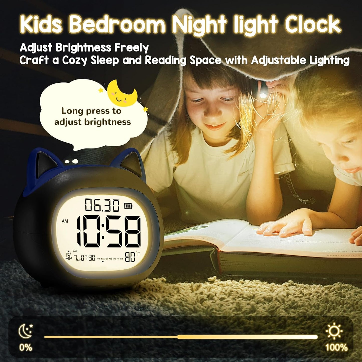 Kids Alarm Clock with Night Light for Kids, Small Digital Alarm Clocks for Bedrooms, Routine Builder, Cute Cat Alarm Clock with Sleep Training, Snooze, 12/24H, Date & Day, Temperature, USB Port