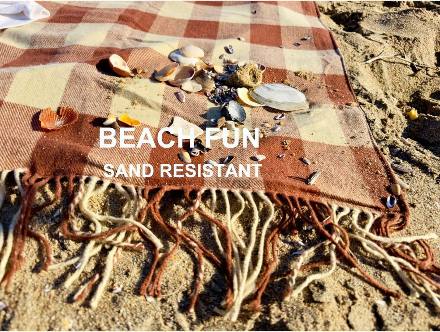 Picnic Blanket Extra Large Waterproof with Strap 59"x79" - Machine Washable Tassels Faux Wool Cashmere for Park, Grass, Camping, Hiking, Concerts (Latte with white shoulder strap, 59"X79")